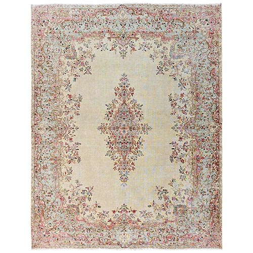 Chiifon White, Vintage Persian Kerman with Flower Medallion, Sheared Low, Distressed, Professionally Cleaned, Excellent Condition, Hand Knotted, 100% Wool, Oriental 