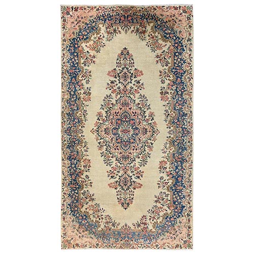 Chiffon White, Vintage Persian Kerman with Flower Medallion, Long and Narrow, Sheared Low, Good Condition, Distressed, Hand Knotted, 100% Wool, Wide Runner, Oriental 