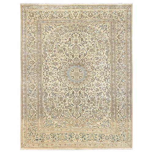 Linen White, Vintage Persian Nain with Flower Medallion, Sheared Low, Wool & Silk, Clean, Sides and Ends Professionally Secured, Very Good Condition, Hand Knotted, Oriental 