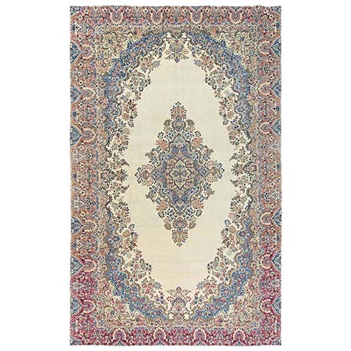 Chiffon White, Vintage Persian Kerman with Open Field Medallion Design, Sheared Low, Distressed, Distinct Abrash, Sides and Ends Professionally Secured, Hand Knotted, 100% Wool, XL, Oversized, Oriental 