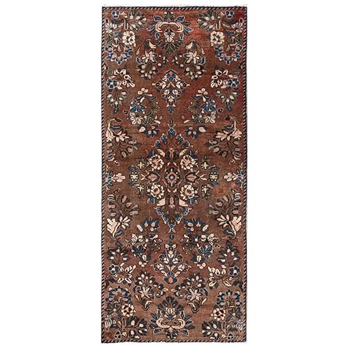 Coffee Brown, Vintage Persian Lilahan with Flower Design, 100% Wool, Hand Knotted, Cropped Thin, Worn and Distressed, Sides and Ends Professionally Secured, Runner, Oriental 