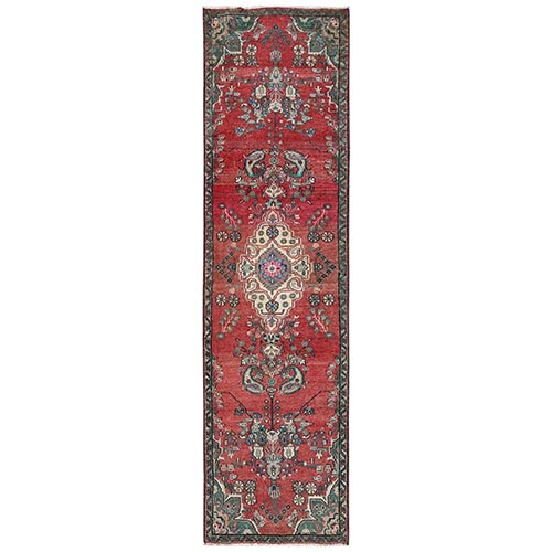 Blush Red, Vintage Persian Lilahan with Medallion Design, 100% Wool, Hand Knotted, Cropped Thin, Worn and Distressed, Sides and Ends Professionally Secured, Runner, Oriental 
