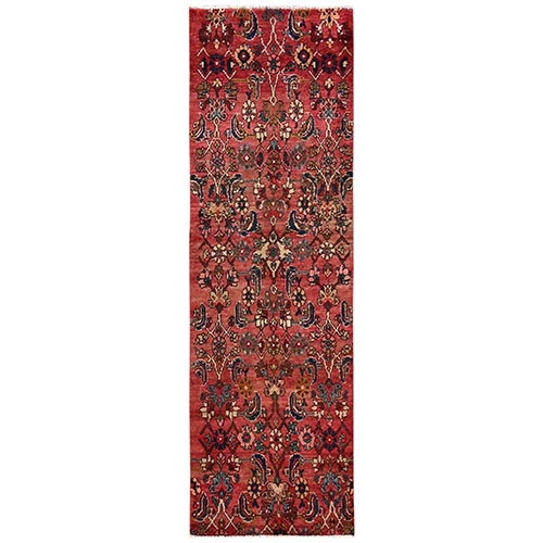 Coral Pink, Vintage Persian Hamadan with All Over Design, Worn Down and Distressed, 100% Wool, Hand Knotted, Zero Pile, Sides and Ends Professionally Secured, Narrow Runner, Oriental 