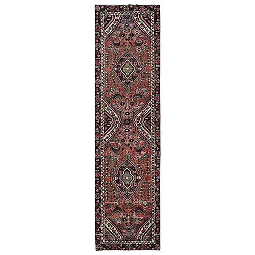 Amber Brown, Vintage Persian Hamadan with All Over Design, Worn Down and Distressed, 100% Wool, Hand Knotted, Zero Pile, Sides and Ends Professionally Secured, Narrow Runner, Oriental 