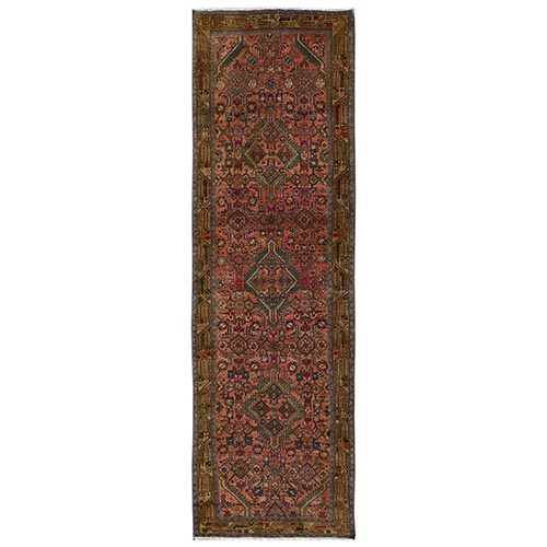 Cinnamon Brown, Vintage Persian Hamadan with All Over Design, Worn Down and Distressed, 100% Wool, Hand Knotted, Zero Pile, Sides and Ends Professionally Secured, Runner, Oriental 
