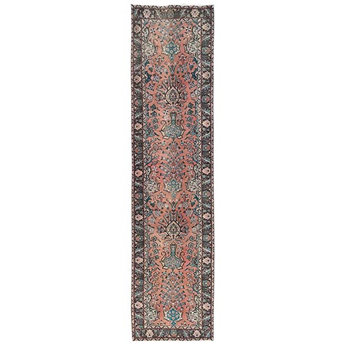Salmon Pink, Vintage Persian Tabriz with All Over Design, Sheared Low and Distressed, 100% Wool, Hand Knotted, Zero Pile, Sides and Ends Professionally Secured, Runner, Oriental 