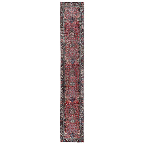 Crimson Red, Vintage Persian Tabriz with All Over Design, Worn Down and Distressed, 100% Wool, Hand Knotted, Zero Pile, Sides and Ends Professionally Secured, Narrow Runner, Oriental 