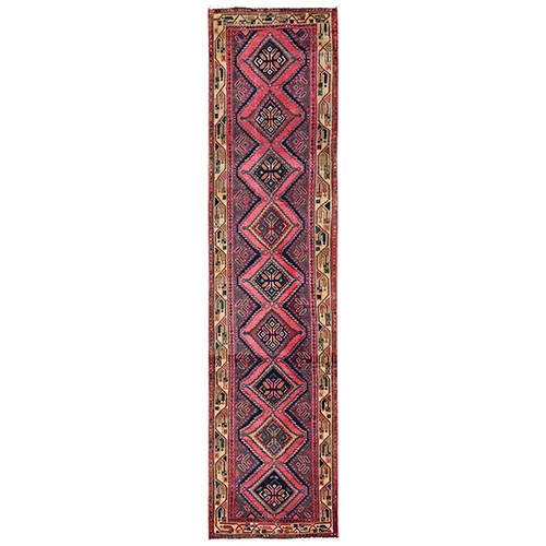 Hot Pink, Vintage Persian Hamadan with Geometric Pattern, Worn Down and Distressed, 100% Wool, Hand Knotted, Zero Pile, Sides and Ends Professionally Secured, Runner, Oriental 