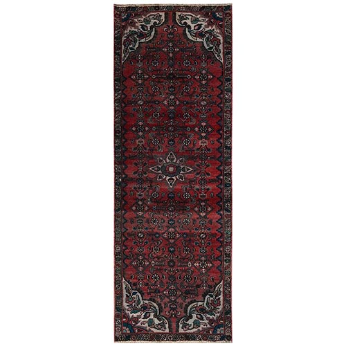 Scarlet Red, Vintage Persian Hussaianabad with All Over Design, Hand Knotted, 100% Wool, Distressed, Sheared Low, Zero Pile, Sides and Ends Professionally Secured, Runner, Oriental 