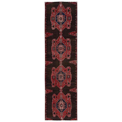 Chocolate Brown, Vintage Persian Hamadan with Large Medallions, Worn Down and Distressed, 100% Wool, Hand Knotted, Zero Pile, Sides and Ends Professionally Secured, Runner, Oriental 