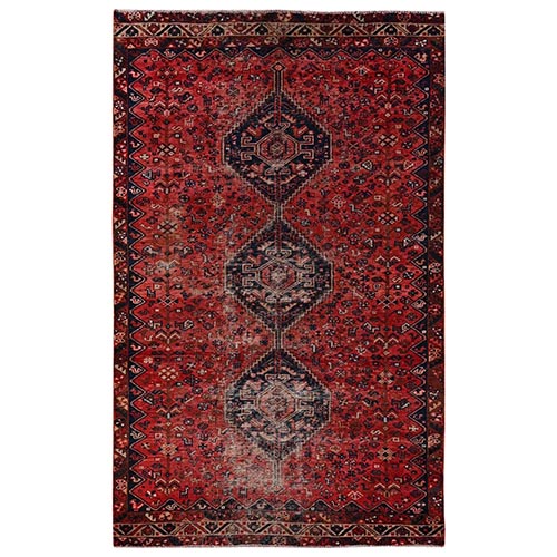 Scarlet Red, Vintage Persian Shiraz with Geometric Pattern, Worn and Distressed, Sheared Low, Zero Pile, Sides and Ends Professionally Secured, Hand Knotted, 100% Wool, Oriental 
