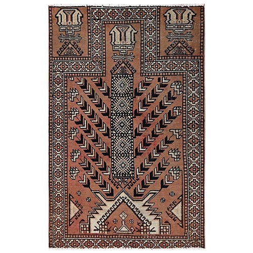 Peach Pink, Vintage Persian Baluch with Geometric Design, Distressed and Worn Out, Sheared Low, Zero Pile, Sides and Ends Professionally Secured, Hand Knotted, 100% Wool, Oriental 