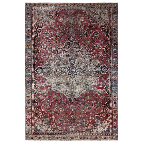 Blush Red, Vintage Persian Tabriz with Large Medallion Design, Worn Down and Distressed, 100% Wool, Hand Knotted, Zero Pile, Sides and Ends Professionally Secured, Oriental 