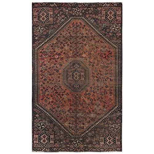 Amber Brown, Vintage Persian Shiraz with Geometric Medallion, Worn and Distressed, Sheared Low, Zero Pile, Sides and Ends Professionally Secured, Hand Knotted, 100% Wool, Oriental 