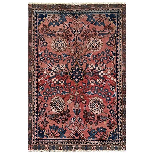Rose Pink, Vintage Persian Lilahan with All Over Design, Sheared Low and Distressed, 100% Wool, Hand Knotted, Zero Pile, Sides and Ends Professionally Secured, Oriental 