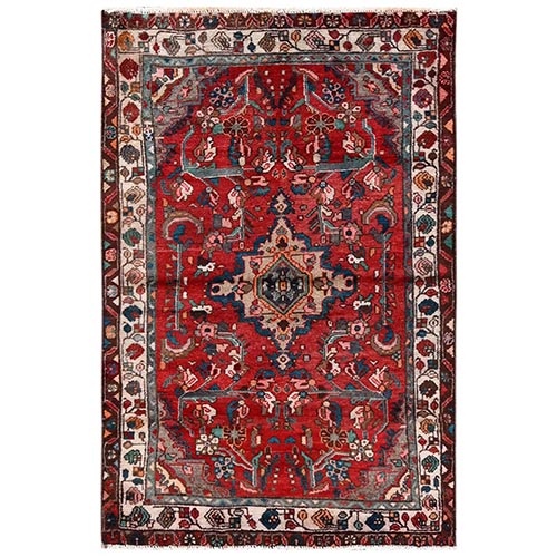 Scarlet Red, Vintage Persian Bakhtiar with Geometric Medallion Design, Worn and Distressed, Sheared Low, Zero Pile, Sides and Ends Professionally Secured, Hand Knotted, 100% Wool, Oriental 