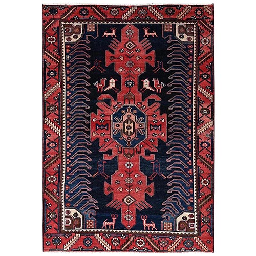 Midnight Blue, Vintage Persian Hamadan with Geometric Medallion, Animal Figurines, Worn and Distressed, Sheared Low, Zero Pile, Sides and Ends Professionally Secured, Hand Knotted, 100% Wool, Oriental 