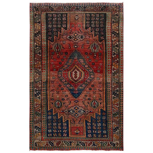Sunset Colors, Vintage Persian Shiraz with Large Medallion and Bird Figurines, Distinct Abrash, 100% Wool, Hand Knotted, Sheared Low, Bohemian, Oriental 