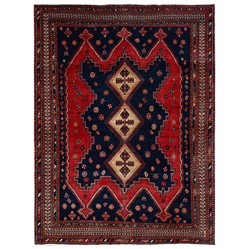 Imperial Red, Vintage Persian Qashqai with Geometric Medallion Design, Cropped Thin, Zero Pile, Sides and Ends Professionally Secured, Clean, Hand Knotted, Pure Wool, Oriental 