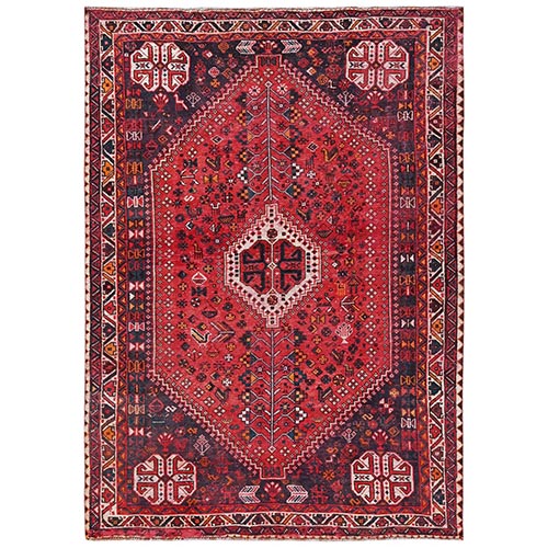 Crimson Red, Vintage Persian Shiraz with Geometric Design, Sheared Low and Distressed, 100% Wool, Hand Knotted, Zero Pile, Sides and Ends Professionally Secured, Oriental 
