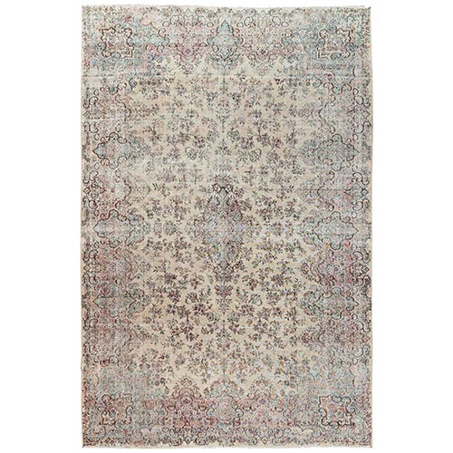 Chiffon White, Vintage Persian Kerman With All Over Design, Sheared Low, Distressed, Sides and Ends Professionally Secured, Hand Knotted, 100% Wool, XL, Oversized, Oriental 