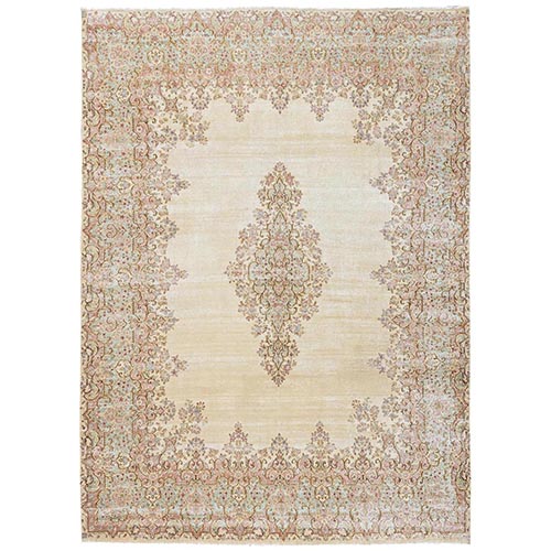 Linen White, Hand Knotted, 100% Wool, Vintage Persian Kerman with Open Field Medallion Design, Sheared Low, Distressed, Sides and Ends Professionally Secured, Oriental 