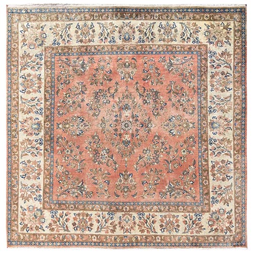 Salmon Pink, Vintage Persian Lilihan, All Over Flower Design, Sheared Low, Zero Pile, Sides and Ends Professionally Secured, Hand Knotted, 100% Wool, Square, Oriental 
