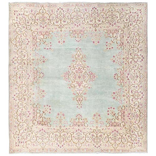 Light Green, Hand Knotted, 100% Wool, Vintage Persian Kerman with Open Field Medallion Design, Sheared Low, Distressed, Sides and Ends Professionally Secured, Square, Oriental 