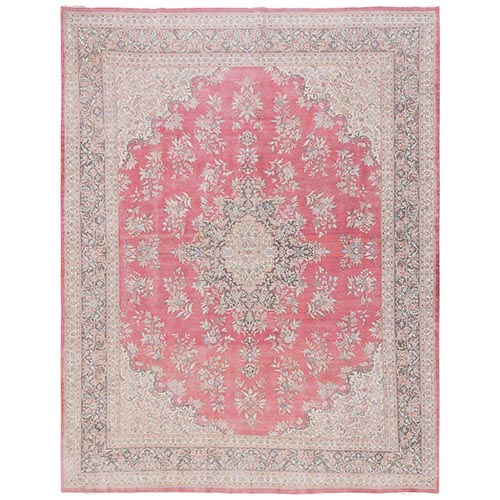 Rouge Pink, Vintage Persian Tabriz with Flower Medallion, Full Pile, Hand Knotted, 100% Wool, Fine Oriental 