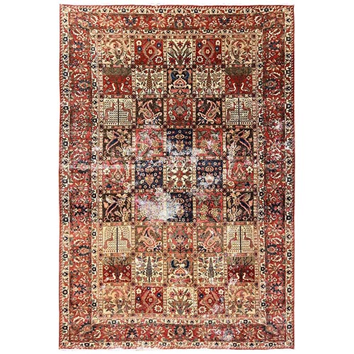 Rust Red, Vintage Persian Bakhtiar with Garden Design, Worn Down and Distressed, 100% Wool, Hand Knotted, Zero Pile, Sides and Ends Professionally Secured, Oriental 