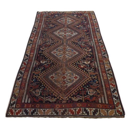 Midnight Blue, Antique Persian Qashqai with Geometric Pattern, Shabby Chic, Clean and Soft, Sides and Ends Professionally Secured, Oriental 