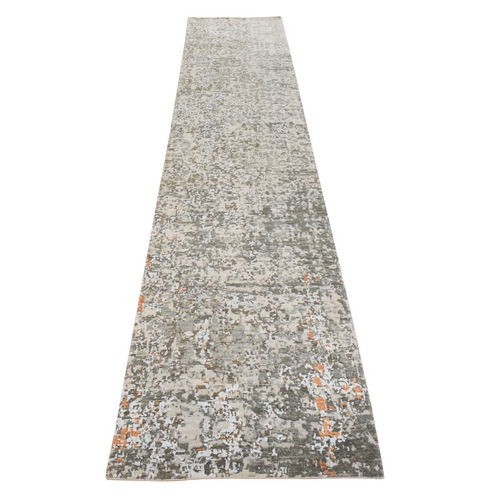 Oyster Gray, Dense Weave, Modern Abstract Design, Wool and Silk, Hi-Low Pile, Hand Knotted, Runner, Oriental 