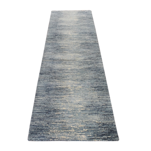 Shades of Blue, Horizontal Ombre Design, Pure Wool, Hand Knotted, Runner, Oriental 