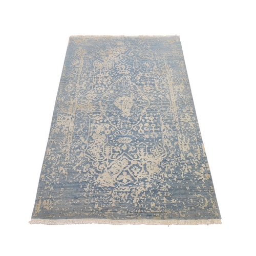 Allure Blue, Broken Persian Design, Wool and Pure Silk, Hand Knotted, Oriental 