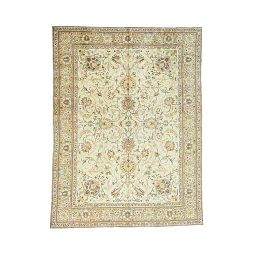 Ivory Antique Persian Tabriz Hand-Knotted Full Pile Oriental 