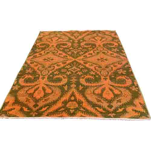 Hand Knotted Orange Cast Ikat Overdyed Pure Wool Oriental 