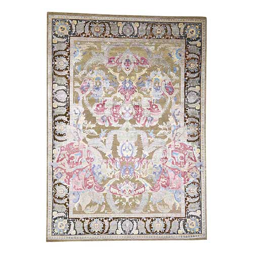 Beige Hand Knotted Arts And Crafts Design Silk with Textured Wool Oriental 