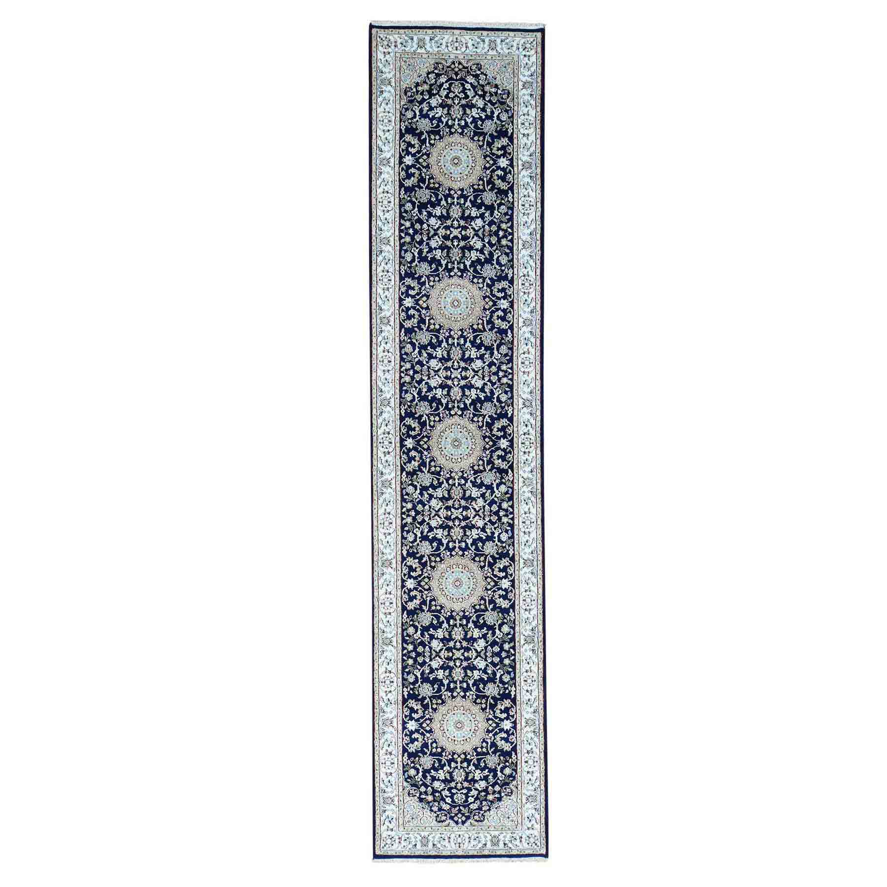 Wool and Silk 250 KPSI Hand-Knotted Navy Blue Nain Runner Rug Wool and Silk 250 KPSI Hand-Knotted Navy Blue Nain Runner Rug