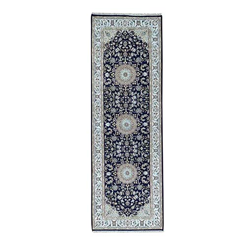 Hand-Knotted Runner 250 KPSI Nain Navy Blue Wool and Silk Rug Hand-Knotted Runner 250 KPSI Nain Navy Blue Wool and Silk Rug