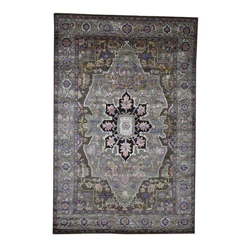 Hand-Knotted Heriz Design Wool and Silk Oriental Rug