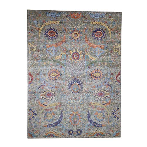 Tan Hand-Knotted Sickle Leaf Design Silk With Textured Wool Oriental Rug