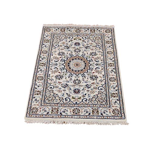 Wool And Silk 250 Kpsi Ivory Nain Hand-Knotted Oriental Rug Wool And Silk 250 Kpsi Ivory Nain Hand-Knotted Oriental Rug
