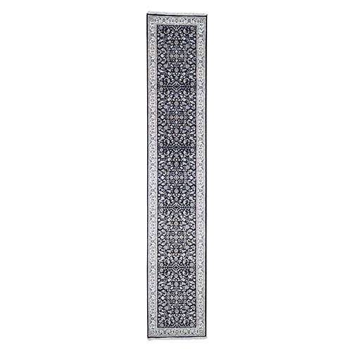 Wool And Silk 250 Kpsi Navy Blue All Over Design Nain XL Runner Hand-Knotted Oriental Rug Wool And Silk 250 Kpsi Navy Blue All Over Design Nain XL Runner Hand-Knotted Oriental Rug