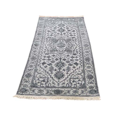 Silver Heriz Design Wool And Silk Hi-lo Pile Short Runner Hand-Knotted Oriental Rug