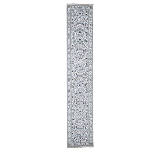 Wool And Silk 250 KPSI Ivory Nain Hand-Knotted Oriental Runner Rug Wool And Silk 250 KPSI Ivory Nain Hand-Knotted Oriental Runner Rug
