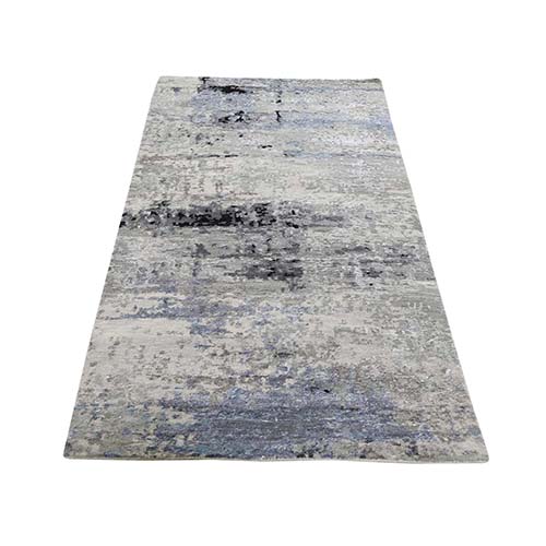 Gray Hi low Pile Abstract Design Runner Wool And Silk Hand-Knotted Oriental 