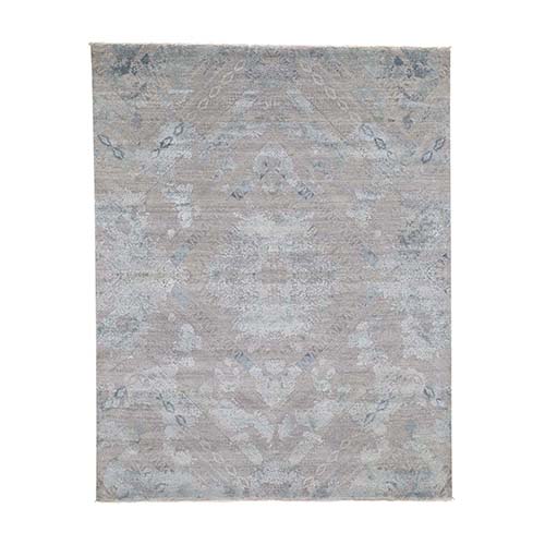 Gray Wool And Pure Silk With Geometric Design Hand-Knotted Oriental Rug