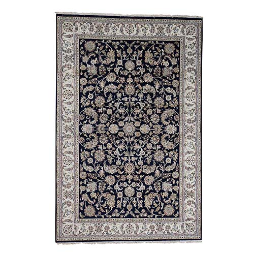 Midnight Blue Nain Wool and Silk 250 KPSI All Over Design Hand-Knotted Oriental Rug
