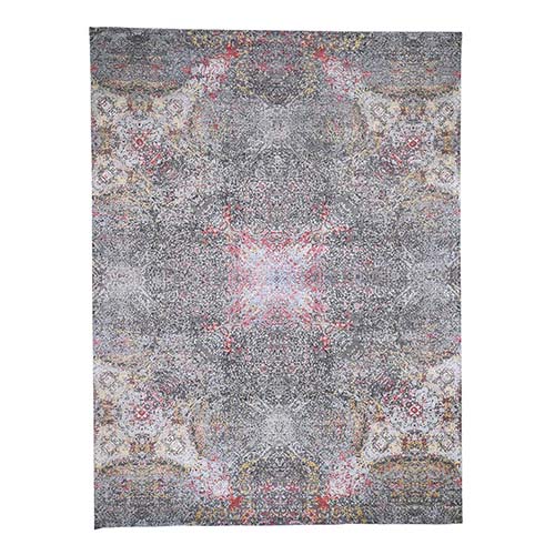 Gray Hi-Low Pile Transitional and Colorful Design Wool And Silk Hand-Knotted Oriental 