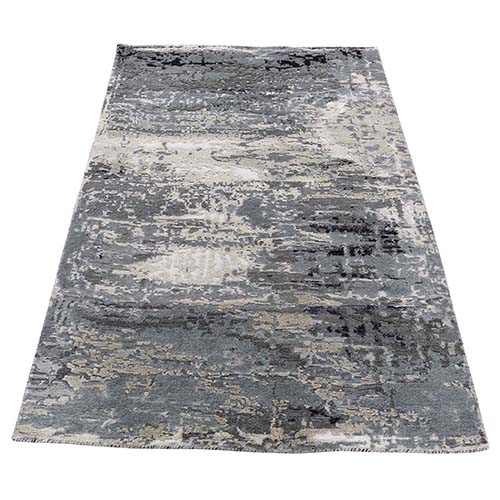 Gray Abstract Design Wool and Silk Hand-Knotted Oriental Rug